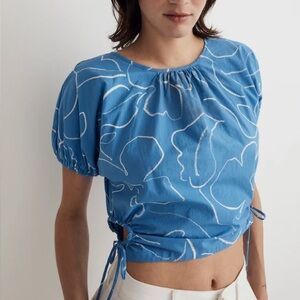 Madewell Embroidered Poplin Puff-Sleeve Cutout Crop Top Ornamental Blue